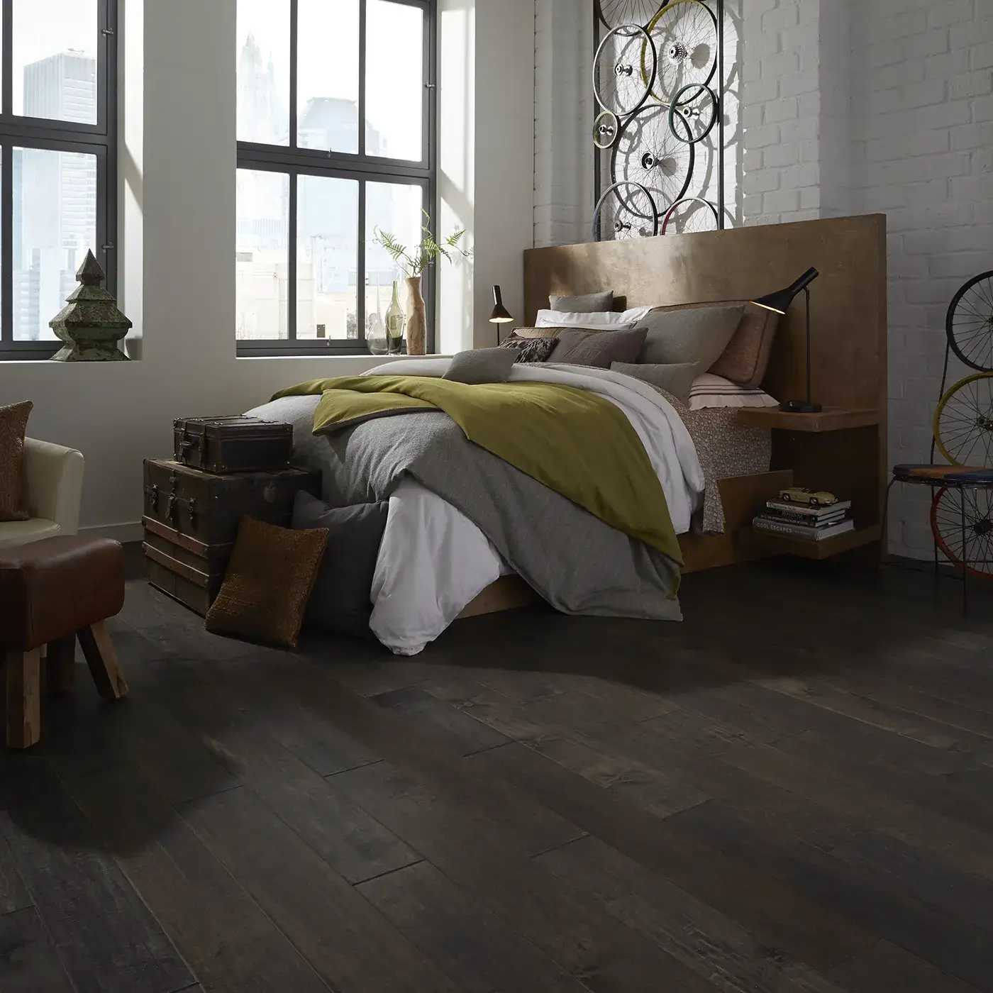 YukonMapleII-SW548-05002-Timberwolf-BedRm Hardwood Flooring in modern bedroom | Joe's Floor Store